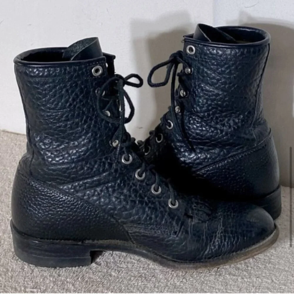 Vintage Justin Boots Black Pebbled Leather Lace Up Packer Boots 6 - Picture 6 of 13